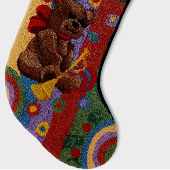 Wool Punch Needle Christmas Stocking Teddy Bear-Horn-Baby Vintage - Picture 4 of 6